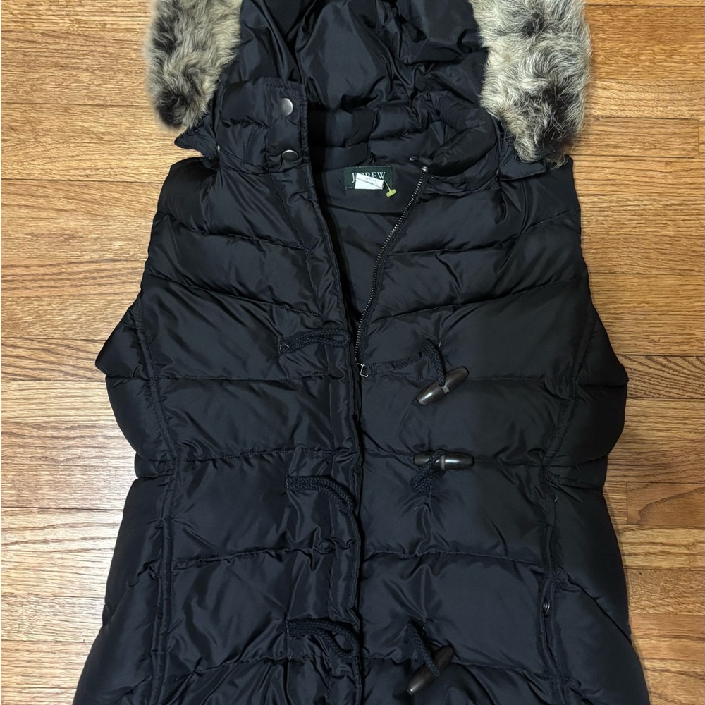 J. Crew Black Puffer Vest with Faux Fur Trim